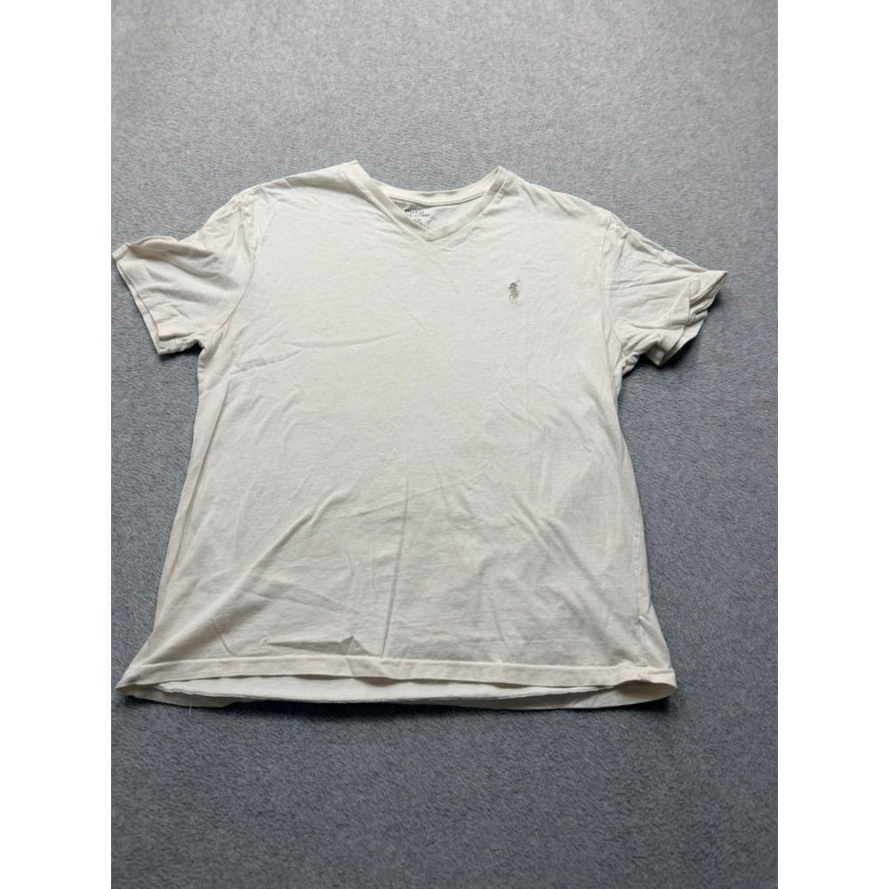 Polo Ralph Lauren Mens V-Neck T-Shirt Cream Off White Cotton Pony Logo M